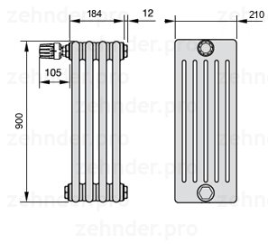 Схема (чертеж) Радиатор Zehnder Charleston 6090/4 №V011 Белый глянцевый RAL 9016